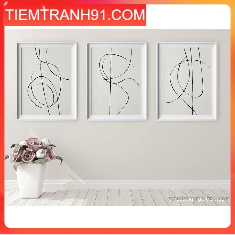 Tranh treo tường | Bộ 3 bức Line Art, Black &amp; White Abstract Line Art