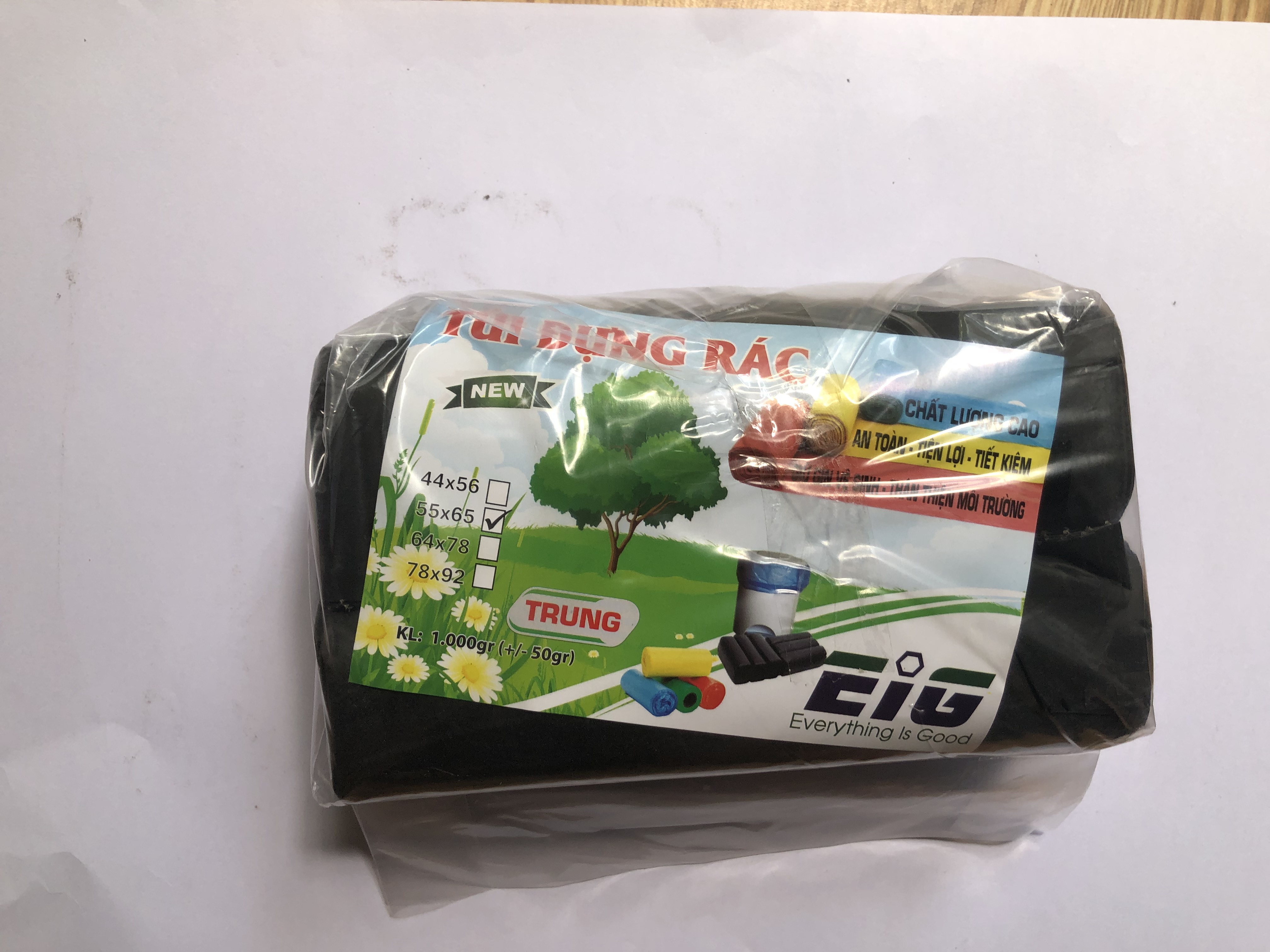 Combo 3kg túi đựng rác không lõi EIG size CỰC ĐẠI 78 x 92cm (Đen)