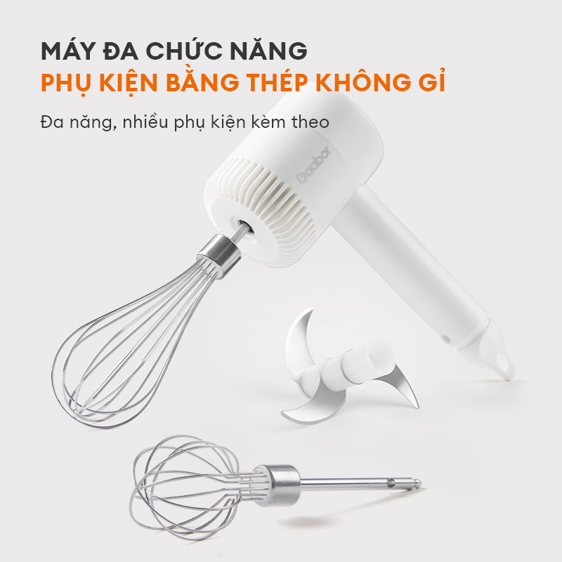 Máy đánh trứng cầm tay Gaabor GE-M03D tích hợp máy xay mini đa năng xay gia vị tỏi ớt, thực phẩm mềm, pin sạc  - Hàng chính hãng