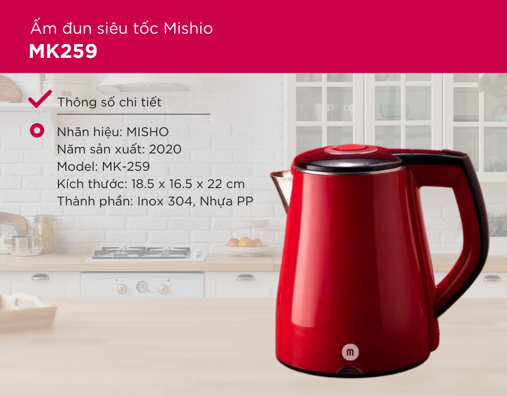 Ấm Đun Siêu Tốc Mishio MK259 1500W 1.7 Lít inox 304 - Hàng chính hãng