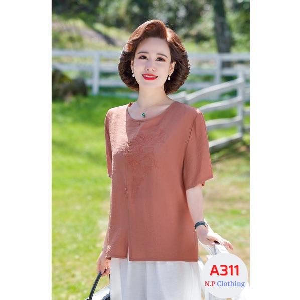 Áo Trung Niên Nữ A311, Kiểu Áo Sơ Mi Trung Niên Cho Mẹ Thêu Hoa Tay Ngắn Cổ Tròn | Thời trang Trung Niên NP Clothing