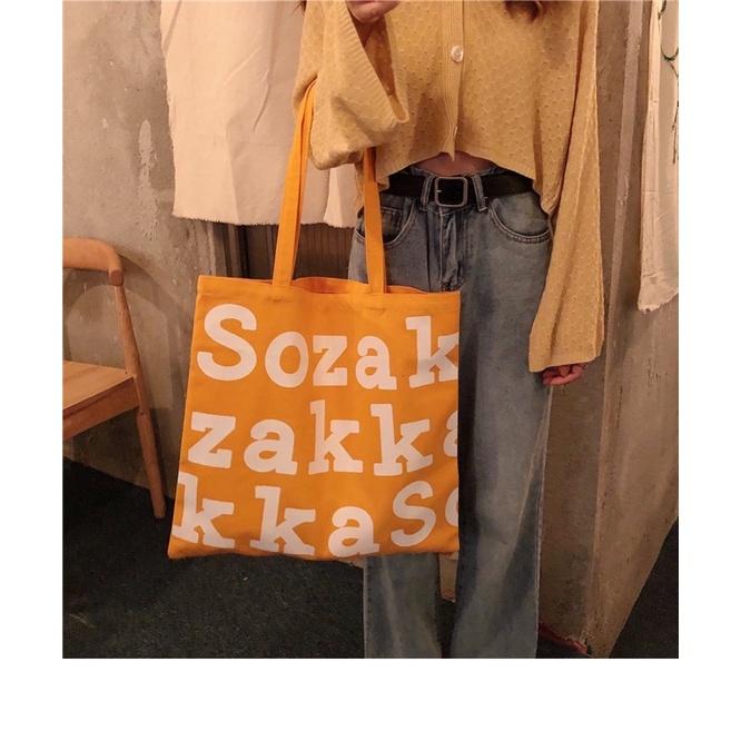 Túi Tote Túi Vải Canvas đeo vai Sozaka phong cách Hàn Quốc có dây kéo và ngăn phụ