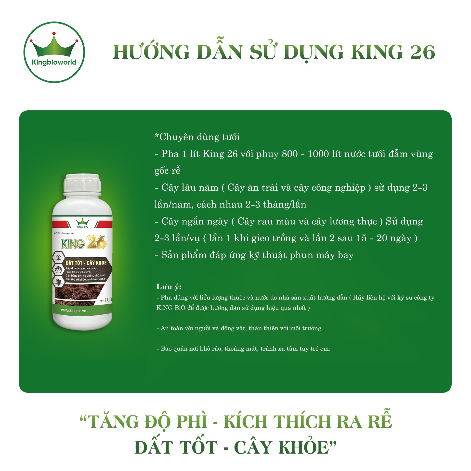 King 26 -  Cải tạo đất, tăng độ phì, cân bằng pH khử mặn, hạ phèn kích thích ra rễ