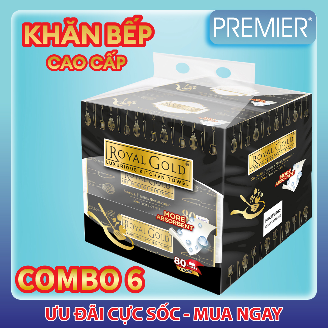 Khăn bếp đa năng ROYAL GOLD 80 tờ -  combo 6 gói (Khăn giấy rút đa năng)