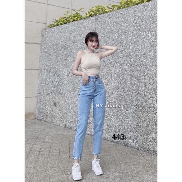 Quần baggy jean nữ màu xanh nhạt cạp cao 2 nút Ms 443