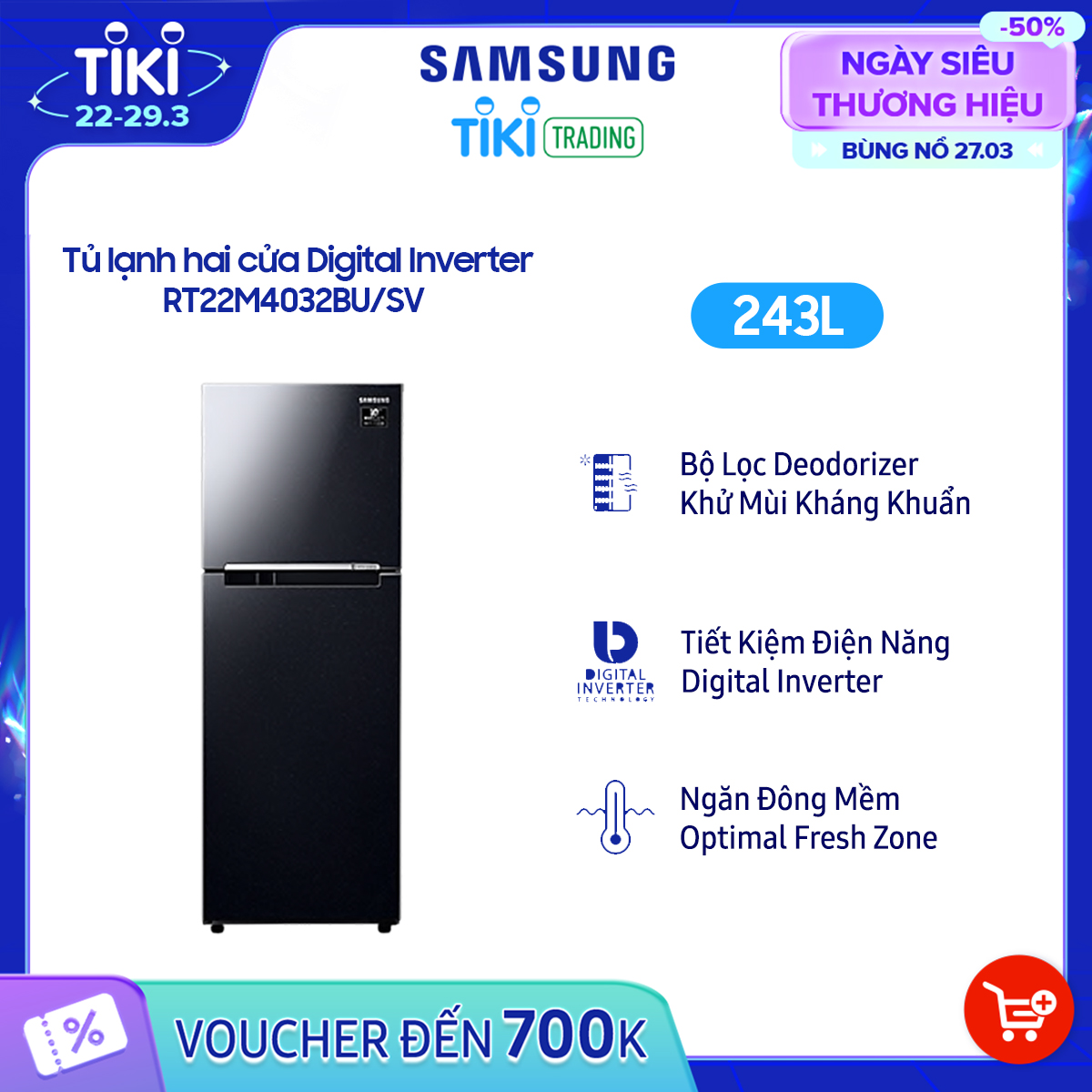 Tủ lạnh Samsung Inverter 236 lít RT22M4032BU/SV - HÀNG CHÍNH HÃNG