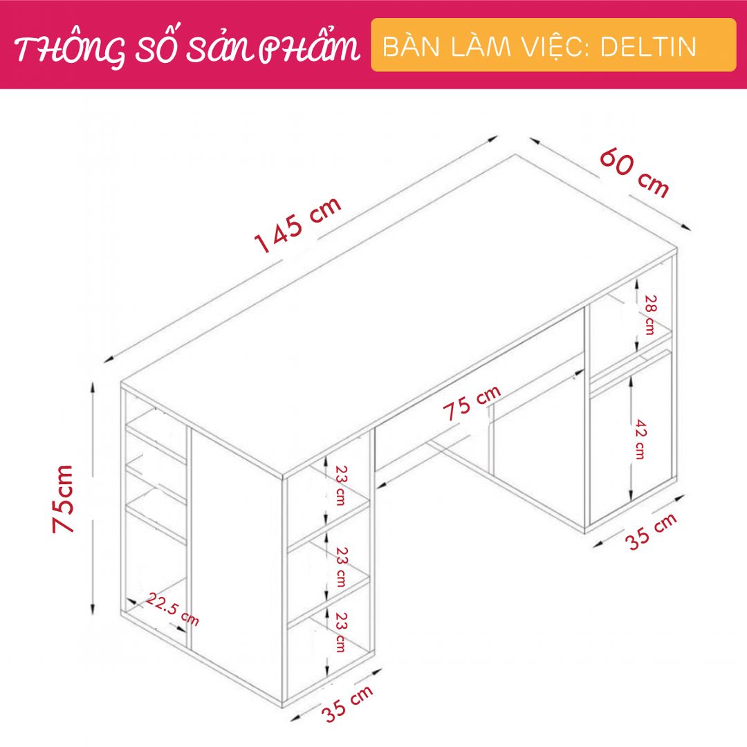 Bàn làm việc, bàn học gỗ hiện đại SMLIFE Deltin | Gỗ MDF dày 17mm chống ẩm | D145xR60xC75cm