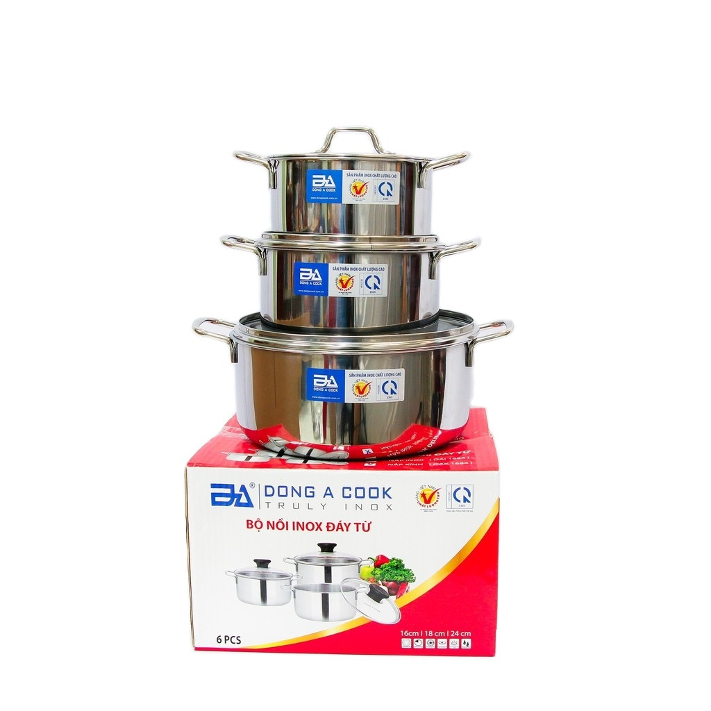 Bộ nồi đáy từ 3 cái đáy từ Đông á gồm 3 size 16cm/18cm/24cm có 2 loại nắp inox và nắp kính -Hàng chính hãng