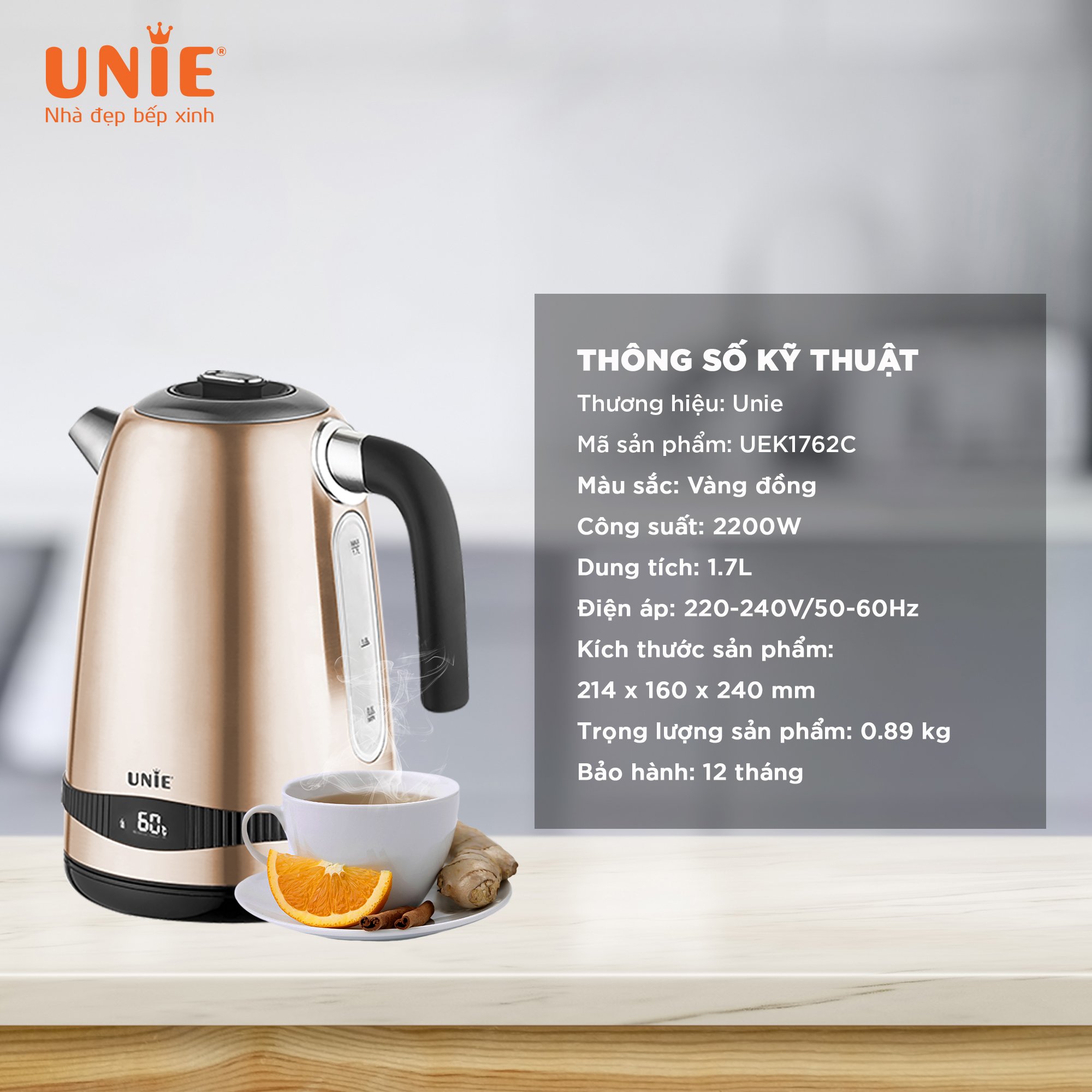 Ấm Siêu Tốc Cao Cấp UNIE UEK1762C Tiêu Chuẩn Đức Vỏ 5 Lớp Inox Sang Trọng, Dung Tích 1.7 Lít Công Suất Cao 2200 W - Hàng Chính Hãng