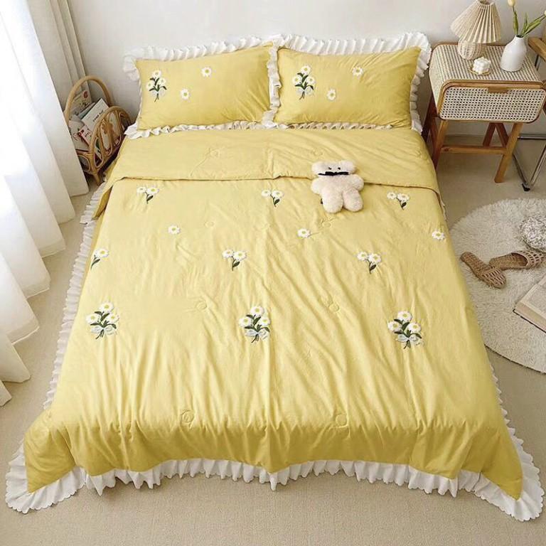 Bộ Chăn Ga Gối Cotton Đũi Chăn Chần Thêu Hoạ Tiết Hoa Cúc - Dâu Tây Trơn 1 Màu Chất Vải Siêu Mềm Mịn