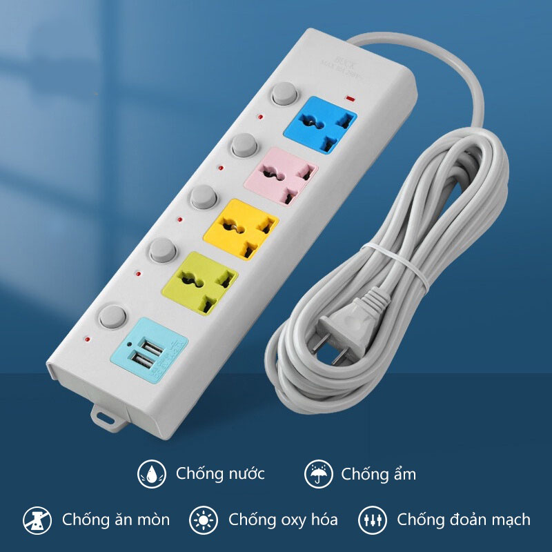 Ổ cắm điện đa năng thông minh kèm 2 cổng sạc USB đa năng và 7 lỗ cắm, Dây Cáp Dày Chất Lượng Cao 100%