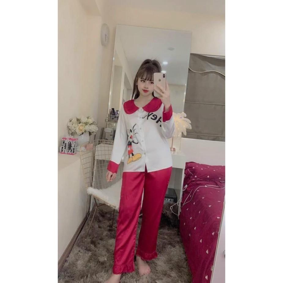 freeship  Đồ Bộ Pijama - Bộ Lụa Tay Dài Tiểu Thư Cổ Nơ