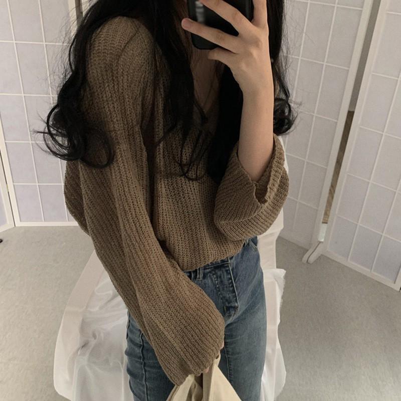 Áo Dệt Kim Mỏng Dáng Rộng Tay Dài 3 Màu Trơn Tùy Chọn Cho Nữ