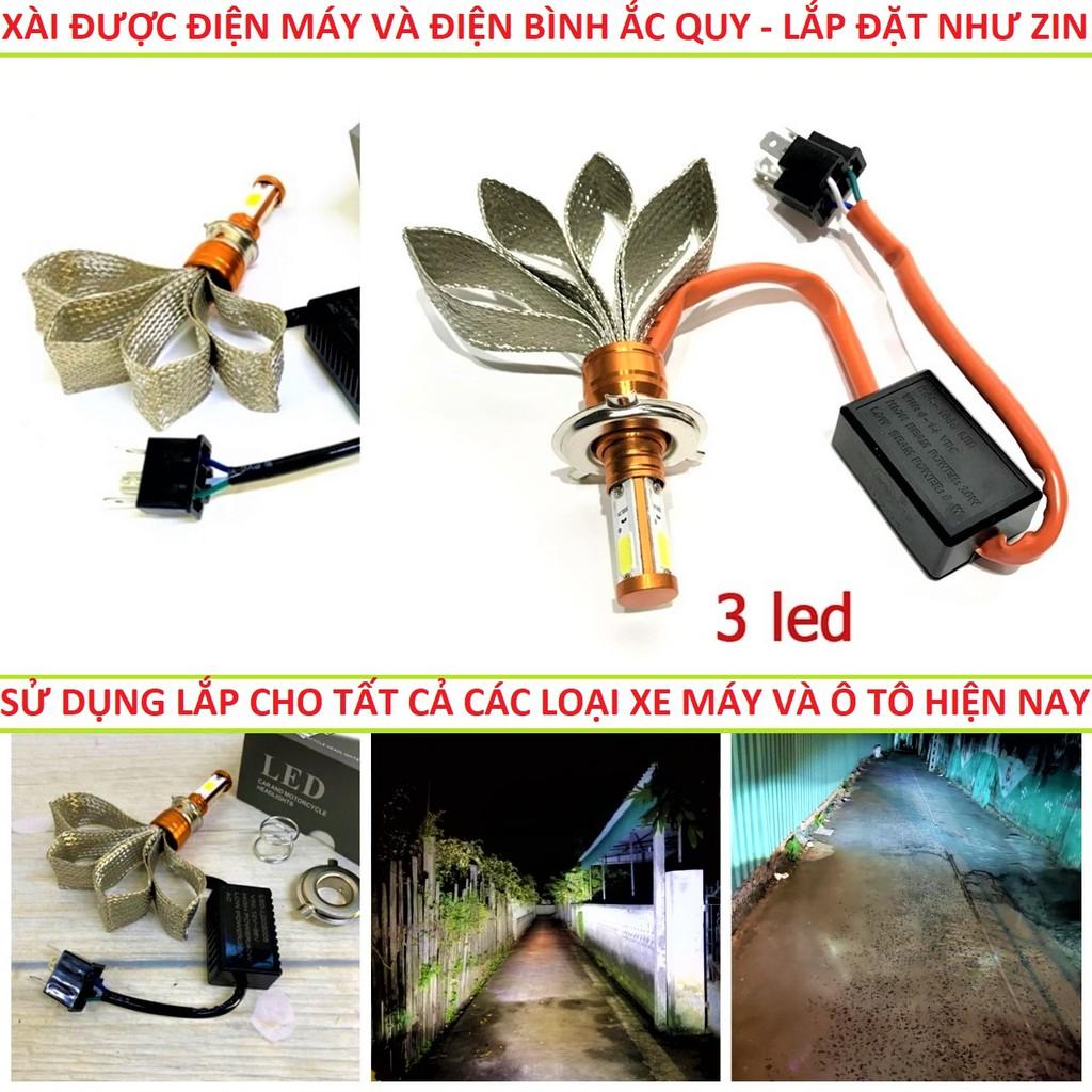 Đèn pha led xe máy 3 tim đuôi công siêu sáng xài điện máy trực tiếp lắp các loại xe