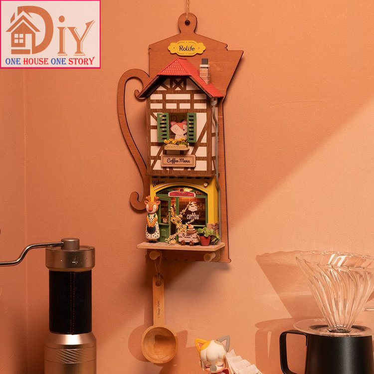 [Bản tiếng Anh]Nhà búp bê bằng gỗ Treo tường tự lắp ráp Lazy Coffee House DIY- Quà tặng sinh nhật giáng sinh trang trí nhà cửa