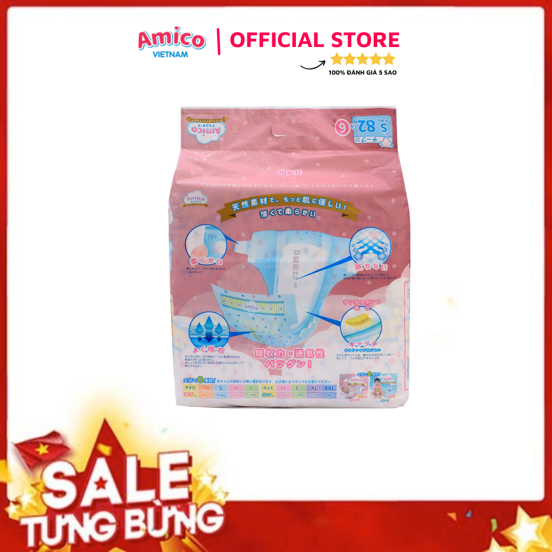 Bỉm - Tã dán Amico size S 82+ 6 miếng (Cho bé 4 - 8 kg)