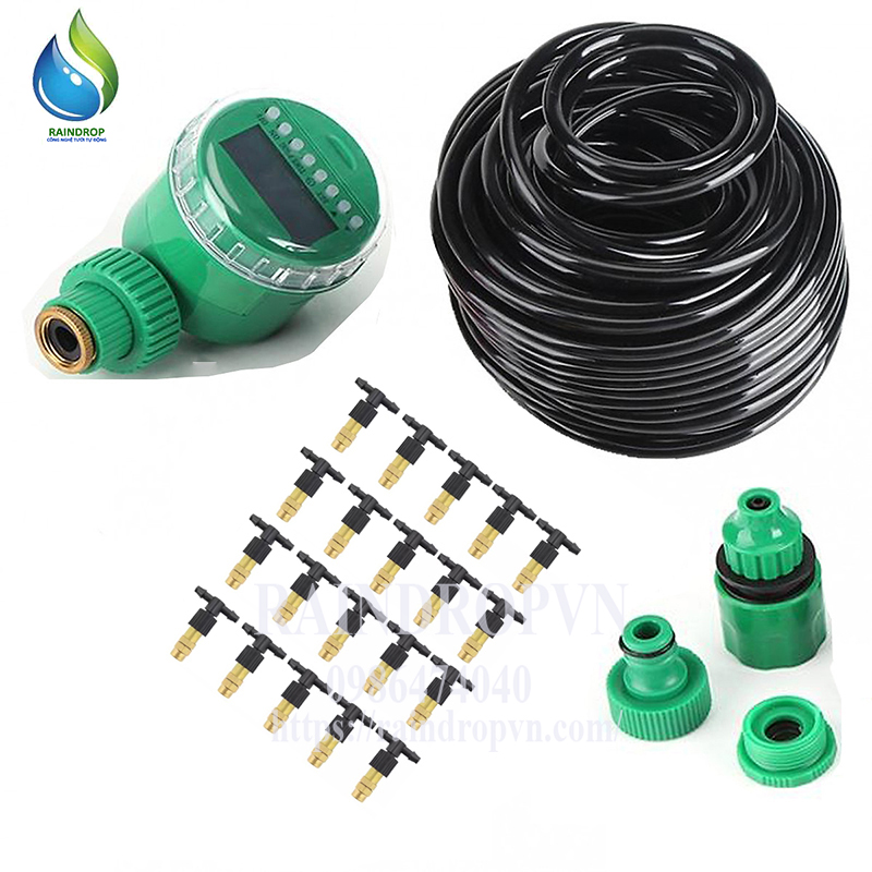 Bộ KIT Phun Sương Tưới Cây 12 Béc Bằng Đồng Cao Cấp kèm van hẹn giờ pin