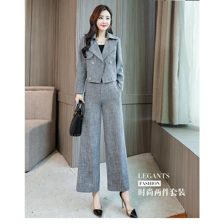 Set Bộ Vest Quần Ống Rộng Áo Form Ngắn Cổ Cách Điệu
