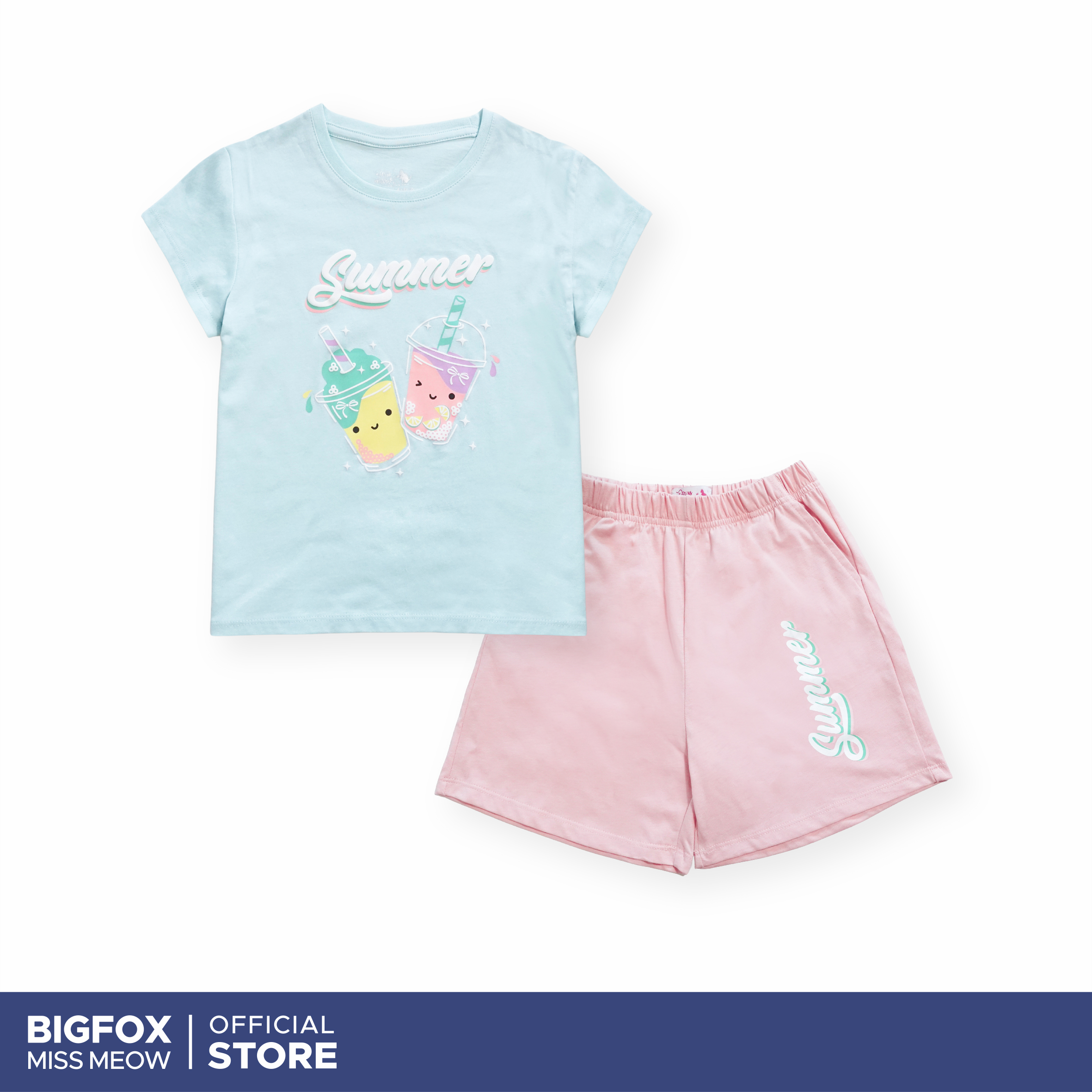 Bộ đồ cộc tay bé gái Bigfox Miss Meow size đại mặc nhà mùa hè vải cotton cho trẻ em 3-11 tuổi 35kg