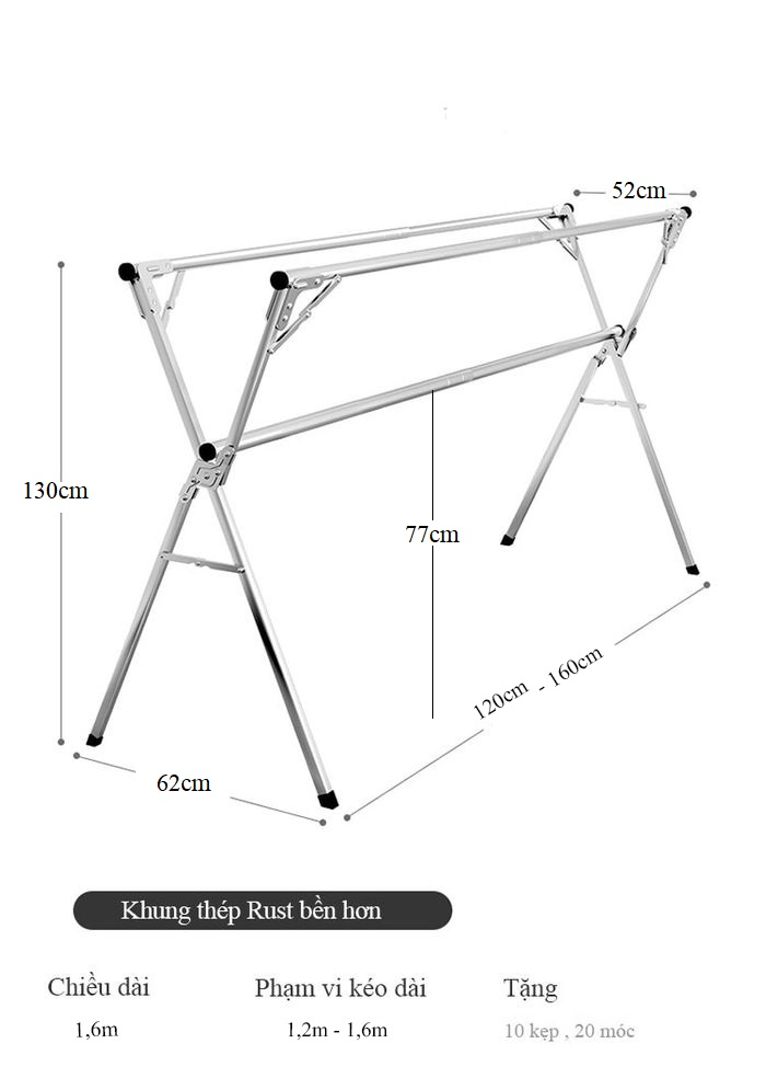 Giàn phơi quần áo chữ X Inox co giản xếp gọn 1.2-1.6m không rỉ Takamori (Tặng kèm móc)