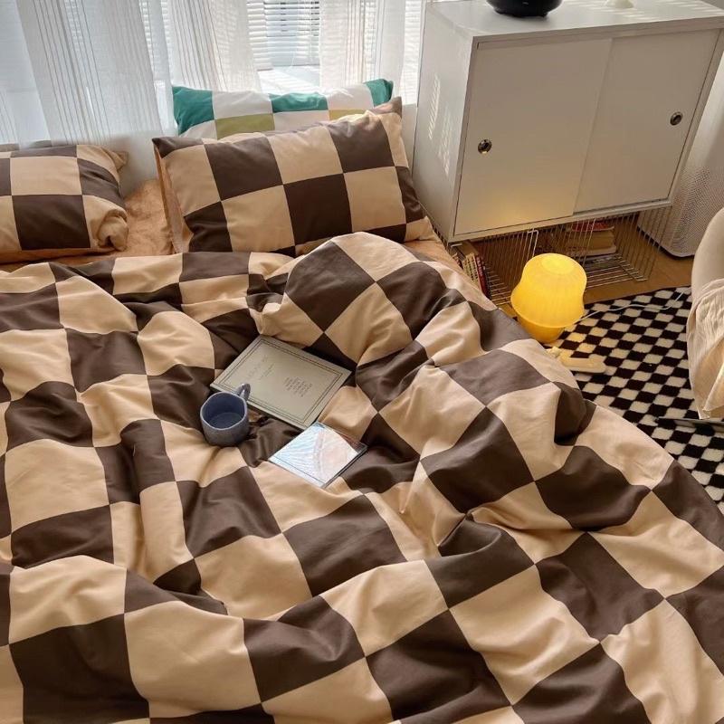 Bộ Chăn Ga Gối Cotton Living Hàng Nhập Khẩu Cao Cấp 4 Món Ô Vuông sen màu