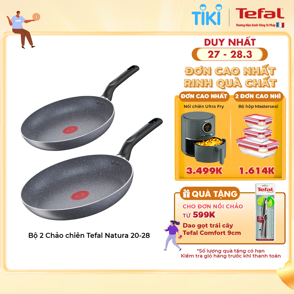 Bộ 2 chảo chiên chống dính vân đá Tefal Natura dùng cho bếp ga và hồng ngoại (20cm, 28cm) - Hàng chính hãng