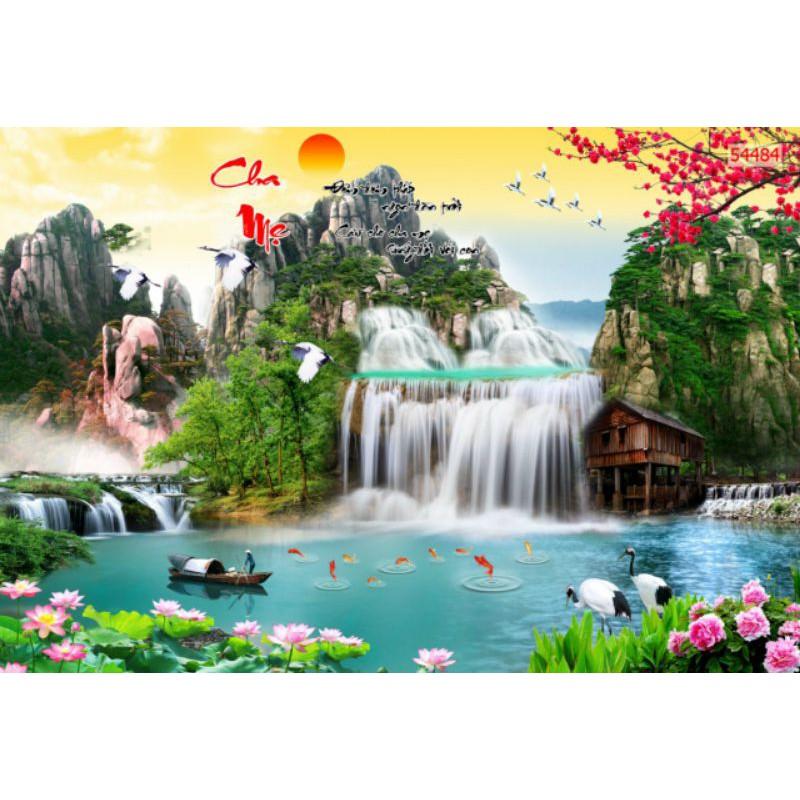 Tranh dán tường phòng khách sơn thủy 3D bền đẹp