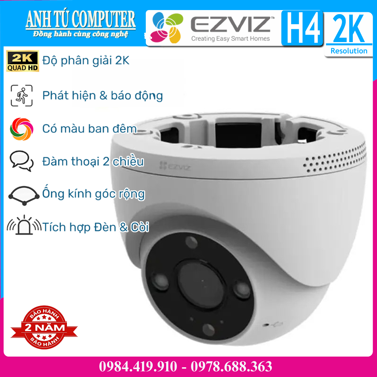 Camera WiFi bán cầu 3MP EZVIZ H4 2K Hàng chính hãng