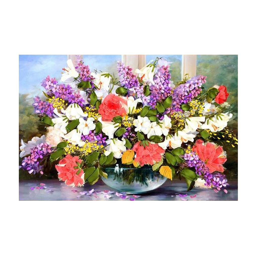 Ribbon Embroidery Kit Cross Stitch Painting Colorful Flower DIY Needlework