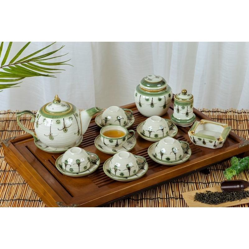 Bộ ấm trà+ phụ kiện, men dong. Gốm sứ Bát Tràng.