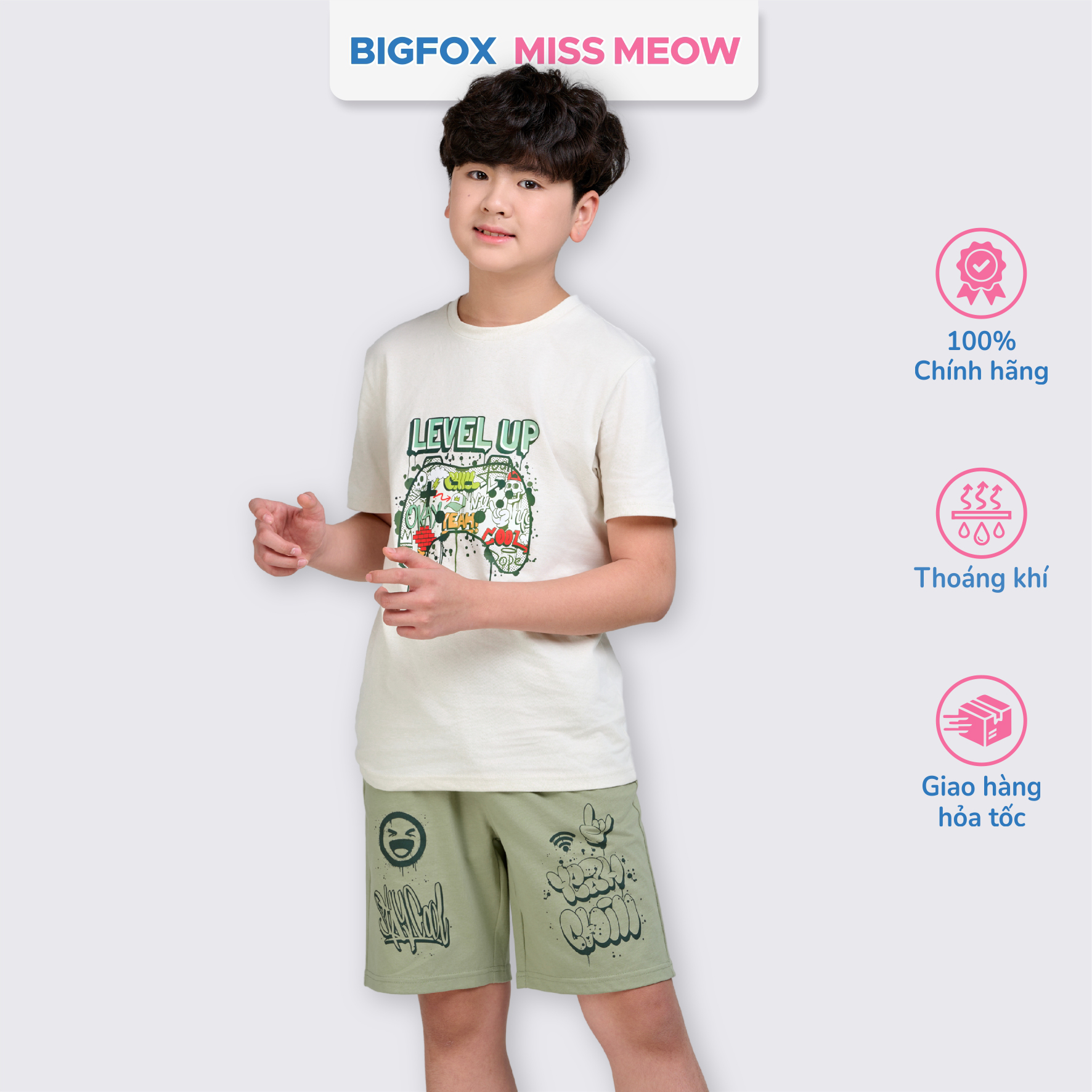 Bộ cotton bé trai size đại Bigfox Miss Meow mùa hè cộc tay in đẹp 12,13,14,15 tuổi 40kg 50kg