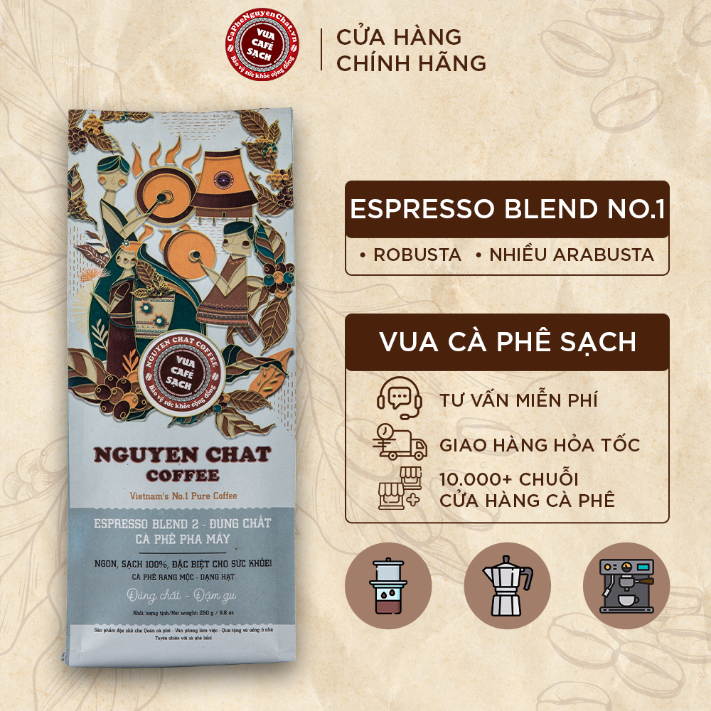 Cà phê ESPRESSO BLEND No.2 dạng hạt nguyên chất đậm vị phong cách Ý, hậu vị kéo dài - 250g