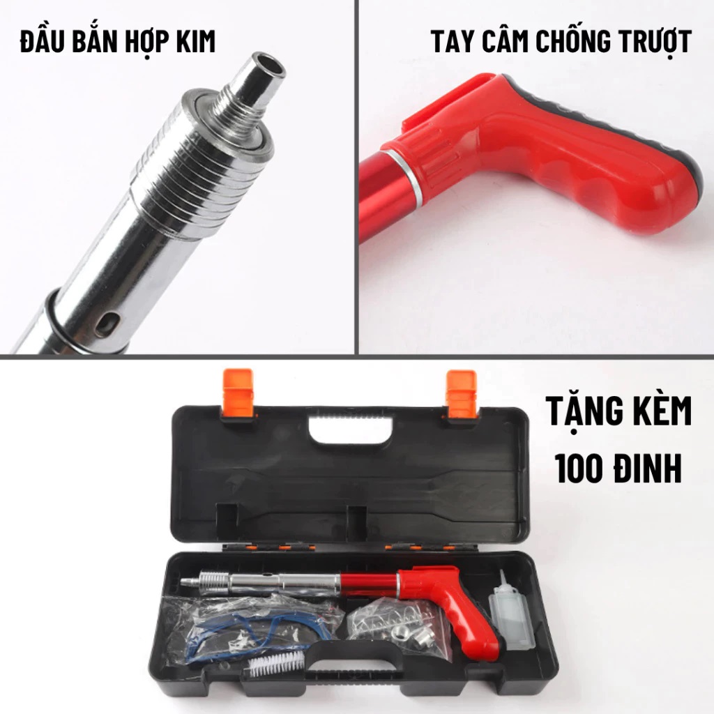 Máy Bắn Đinh Hạt Nổ GDV Kapusi Bắn Đinh Bê Tông Tay Cầm Đỏ - TẶNG KÈM 100 ĐINH, Đóng Đinh Dễ Dàng, Bộ Giảm Thanh Đôi - Hàng Chính Hãng