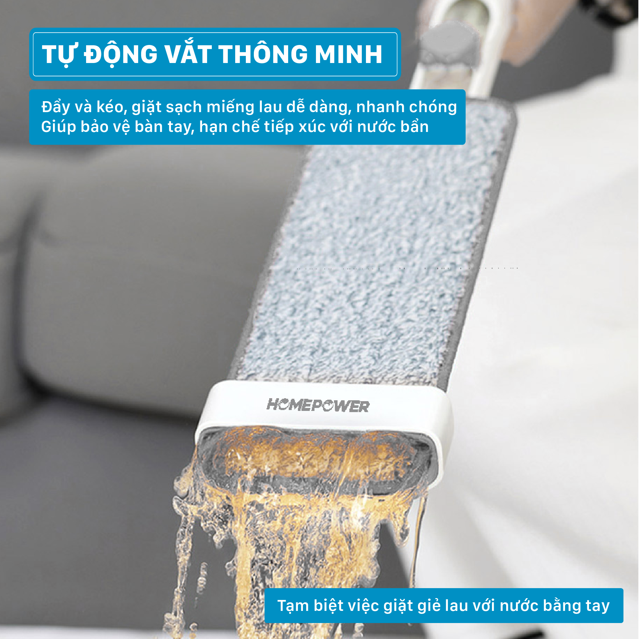 Cây Lau Nhà Tự Vắt Thông Minh 360 Độ Homepower CS-01, Thân Nhôm Sang Trọng, Cao Cấp, Bông Lau Microfiber Siêu Thấm Hút