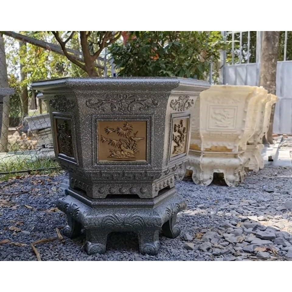 Bộ khuôn đúc chậu cảnh lục giác rộng 70cm mẫu Trúc-Cúc-Mai ghép Phúc-Lộc-Thọ kèm chân nhựa ABS có lòng trong