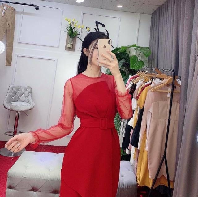 Đầm dự tiệc xếp ngực thắt eo tay lưới kèm ảnh thật TKN