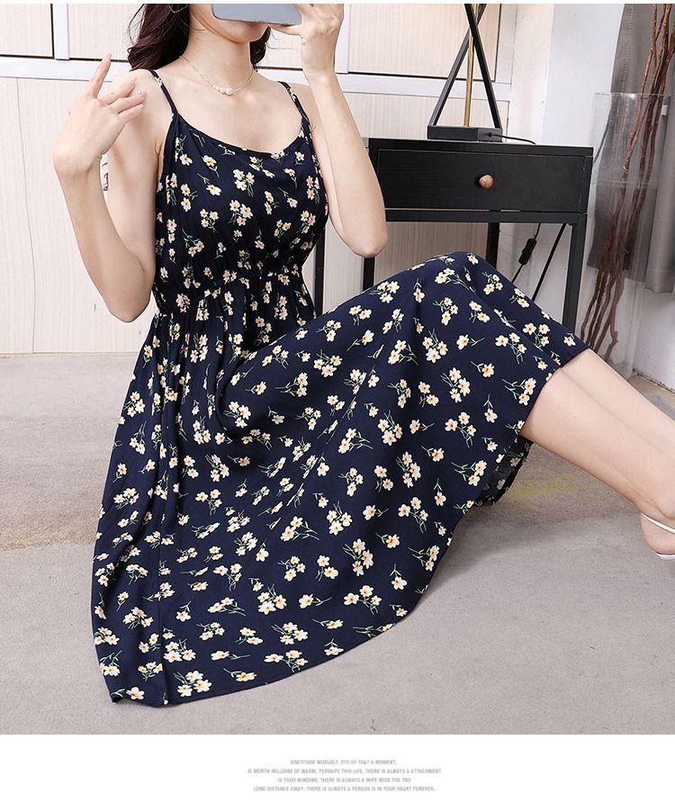 DONGSHOP Mùa hè 2023 Hàn Quốc phiên bản có thể điều chỉnh treo vest đầm mỏng mỏng trung bình dài hoa bãi biển váy
