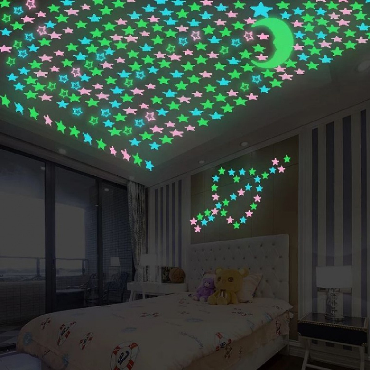 Set miếng dán tường ngủ cho bé hình ngôi sao dạ quang phát sáng nhiều màu (100 miếng)