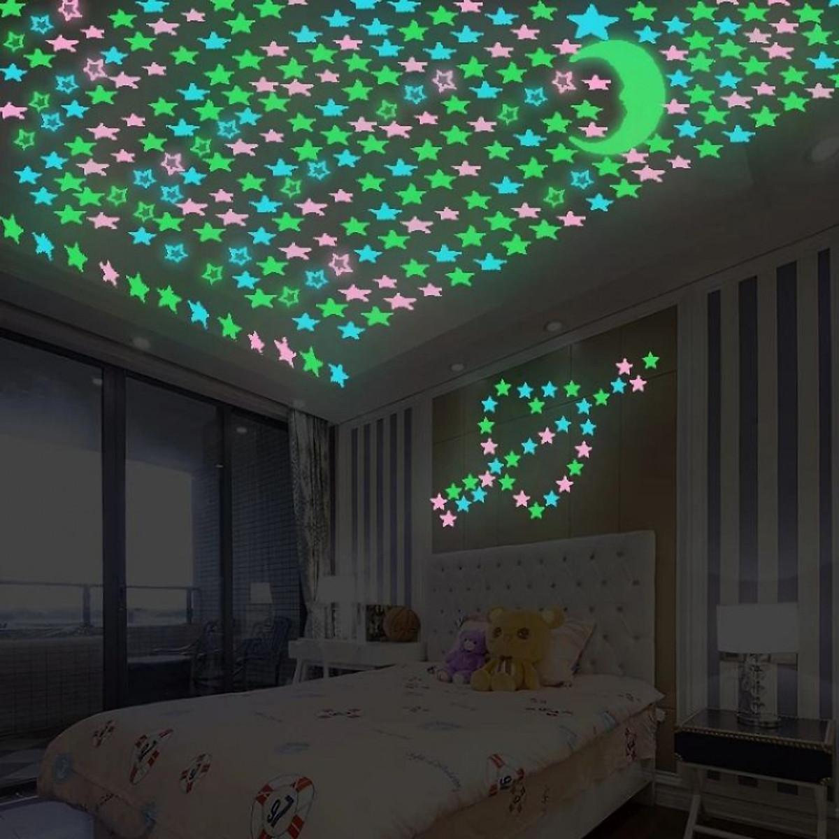 Set miếng dán tường ngủ cho bé hình ngôi sao dạ quang phát sáng nhiều màu