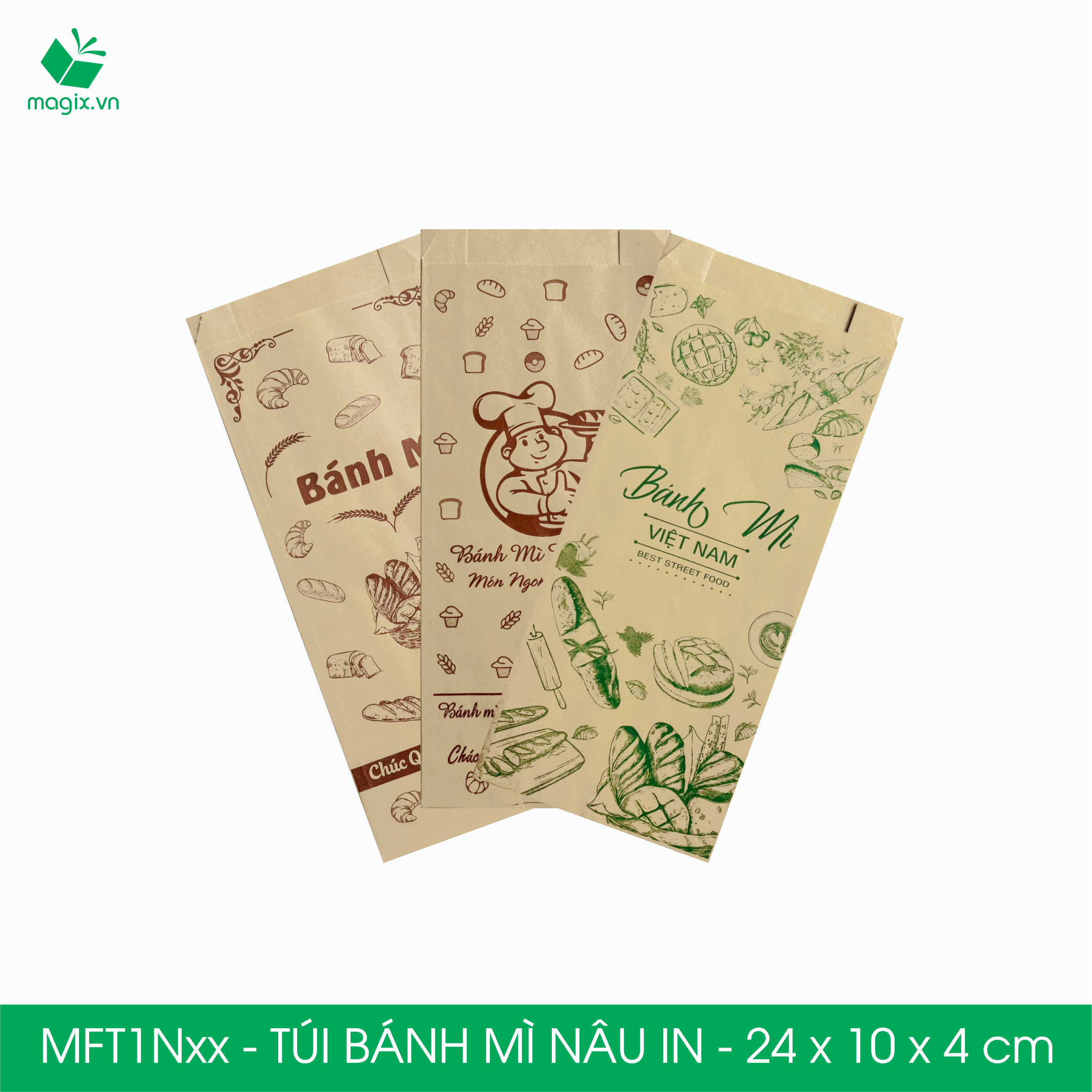 Combo 100 Túi bánh mì Nâu 24x10x4 cm - In sẵn họa tiết nhiều mẫu - Bao bánh mì Túi giấy thực phẩm an toàn