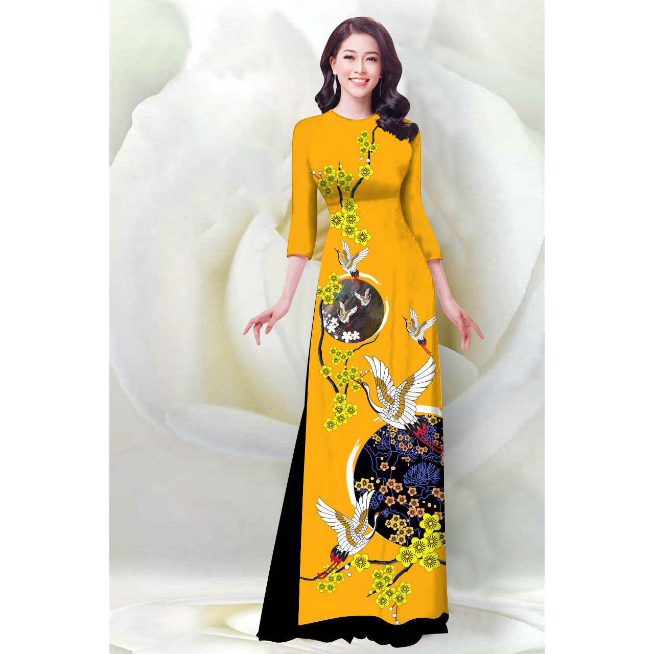 SÉT ÁO DÀI LỤA TRUYỀN THỐNG IN HOA MAI &amp; CHIM HẠT