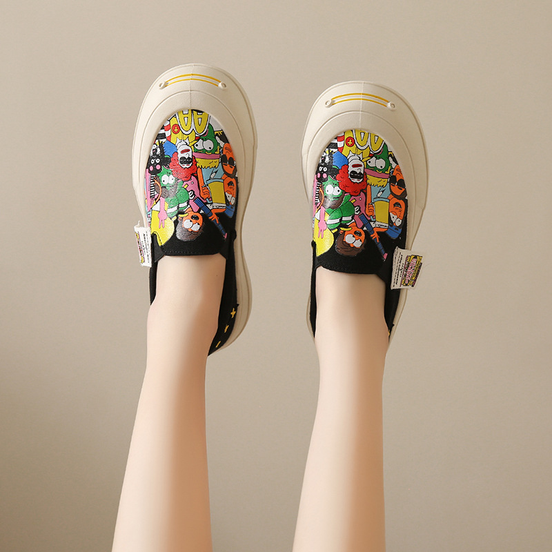 Giày lười nữ chất vải canvas đế cao 3cm, giày thể thao nữ in họa tiết hoạt hình