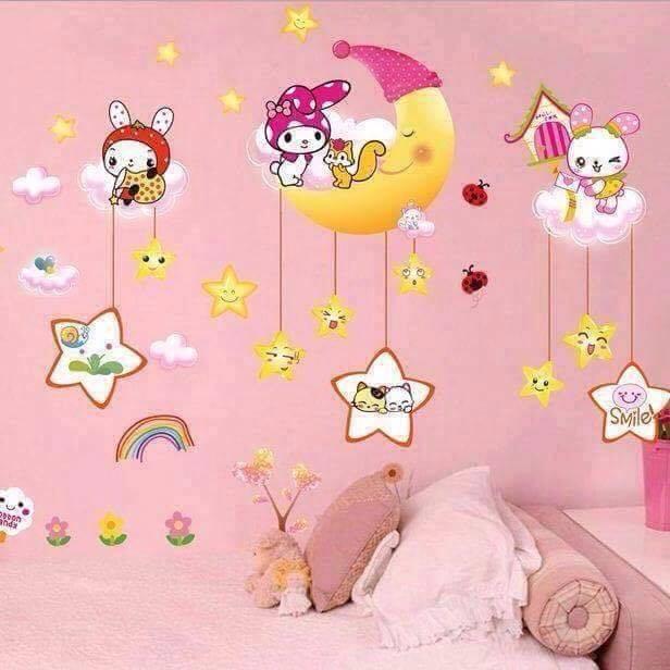 Decal dán tường Set chúc bé ngủ ngon + 2 bé ôm gối
