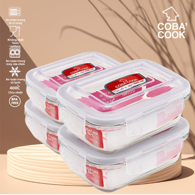 Bộ 4 hộp thủy tinh hình chữ nhật đựng thực phẩm chịu nhiệt 2 hộp 1041ml 2 hộp 370ml COBA'COOK