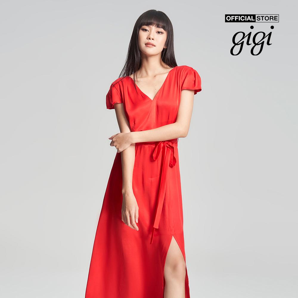 GIGI - Đầm midi tay ngắn cổ V phối thắt lưng thời trang G2102D231114