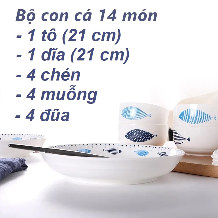 Bộ Chén Dĩa Sứ Kiểu Nhật Hình Con Cá 14 Món Sang Trọng Fullbox - Chính Hãng