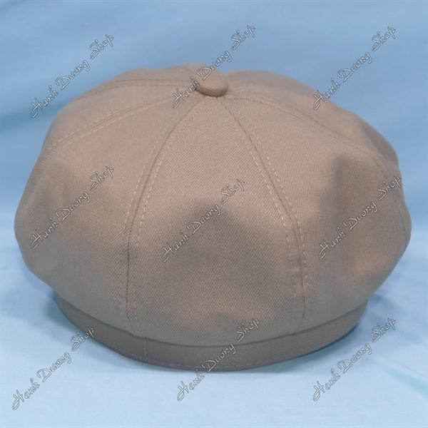 Nón mỏ vịt nữ gắn mặt sắt nơ phía trước, nón beret nữ hàng quảng châu phong cách cổ điển, nón nồi nữ, nón bí ngô, nón beret họa sĩ hàng quảng châu vòng đầu 57-58cm có 2 dây rút giảm size đầu - Kaki đậm