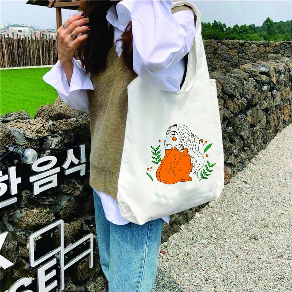 Túi tote vải canvas mềm in hình cô gái áo cam siêu hót