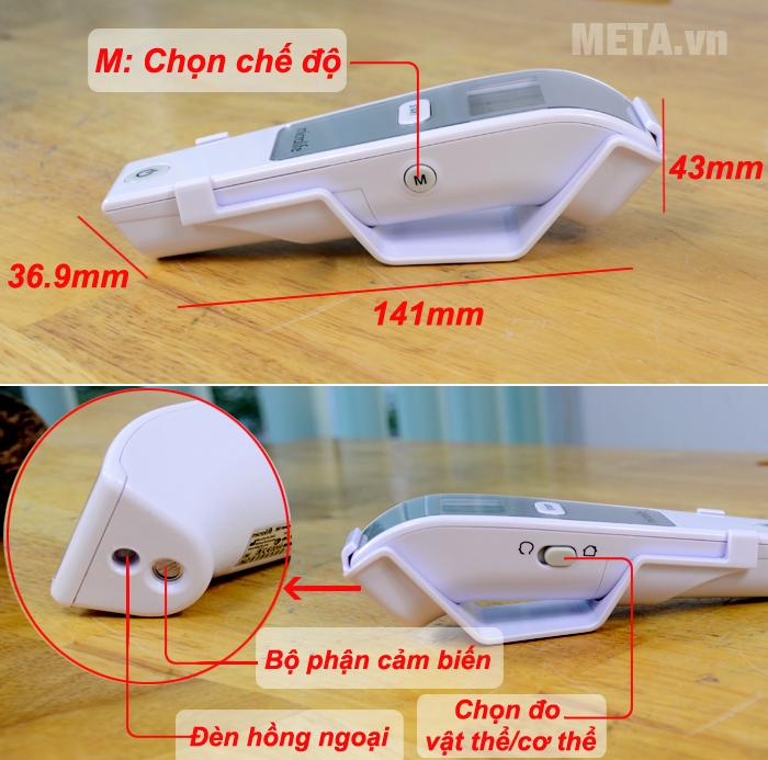 Cấu tạo và kích thước nhiệt kế đo trán hồng ngoại Microlife FR1MF1 