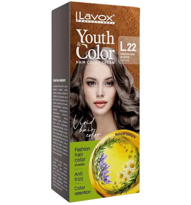 Xám Khói - Combo 2 Kem Nhuộm Tóc Màu Thời Trang Lavox Youth&Color L22 Xám Khói + L24 Nâng Tông Màu (Sử Dụng Màu L24 Để Nâng Tông Màu Tóc Trước Khi Nhuộm Màu L22 Xám Khói)